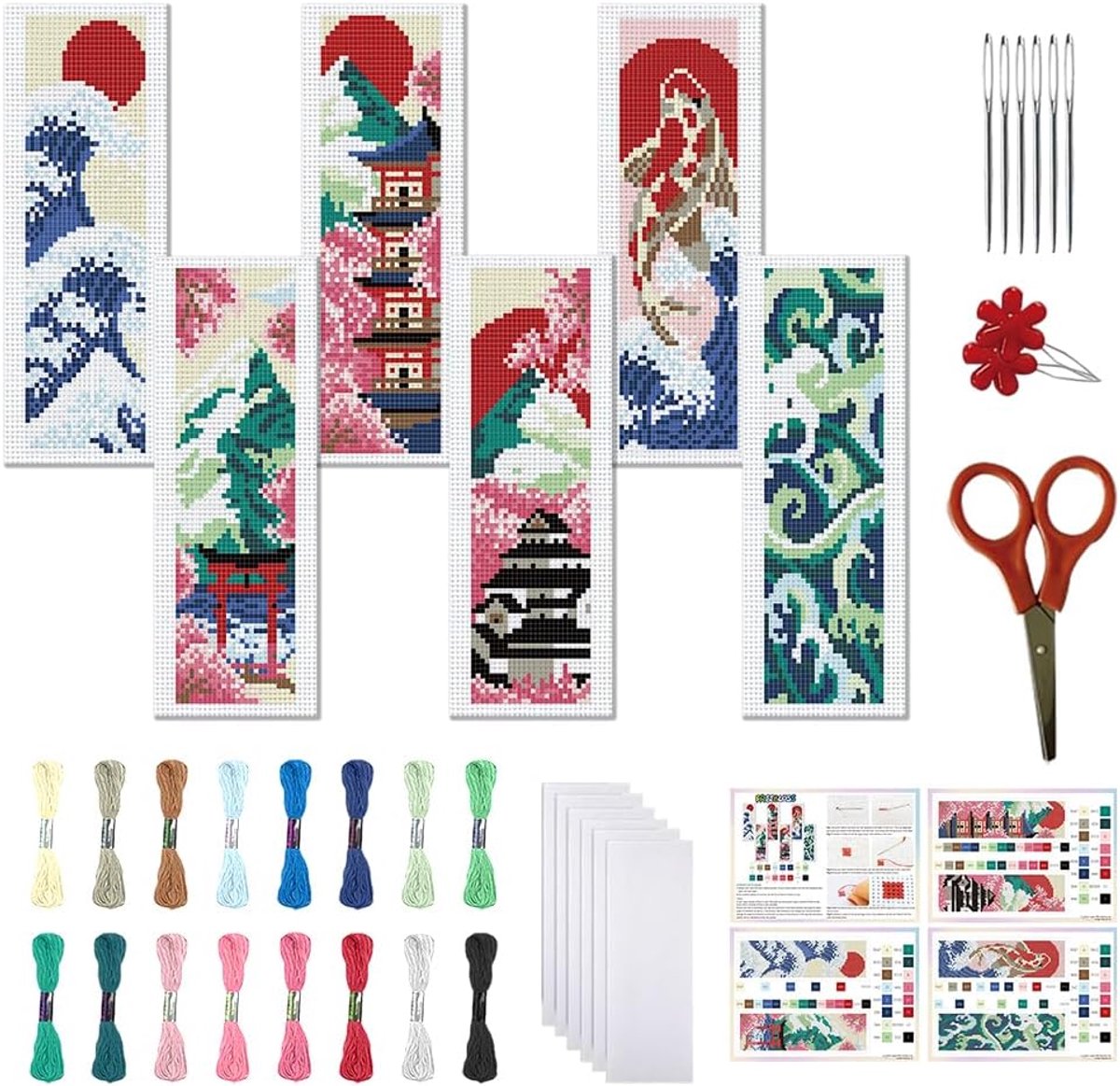 Set van 6 kruissteek bladwijzenset, gestempelde kruissteekkit, gestempelde borduurbladwijzers in Japanse stijl met instructies, kruissteeksets voor volwassenen, 20 x 6 cm