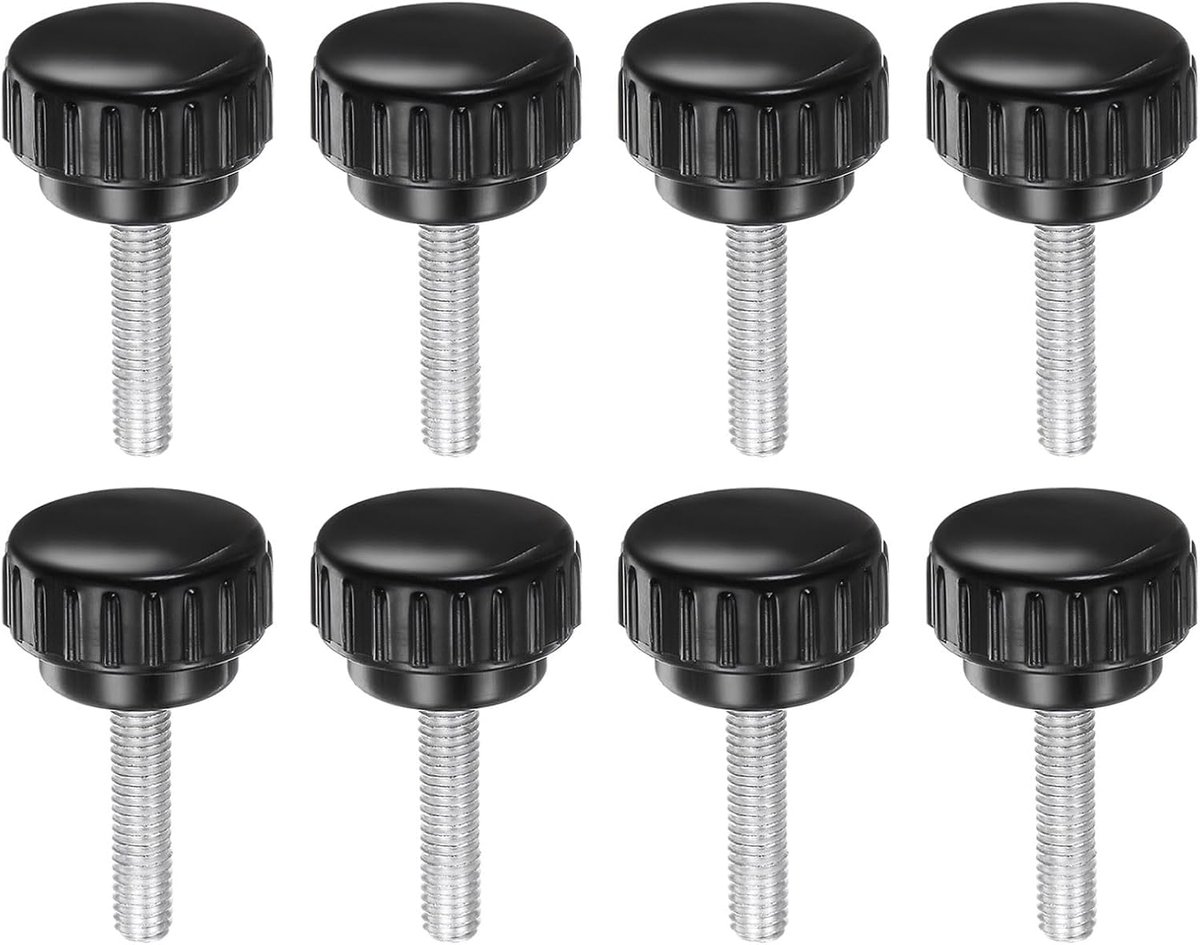 8 stuks gekartelde spangrepen, M6 x 20 mm, kopschroef buitendraad koolstofstaal, metrisch, 30 mm ronde kop, kunststof schroefdraad, handschroef, zwart
