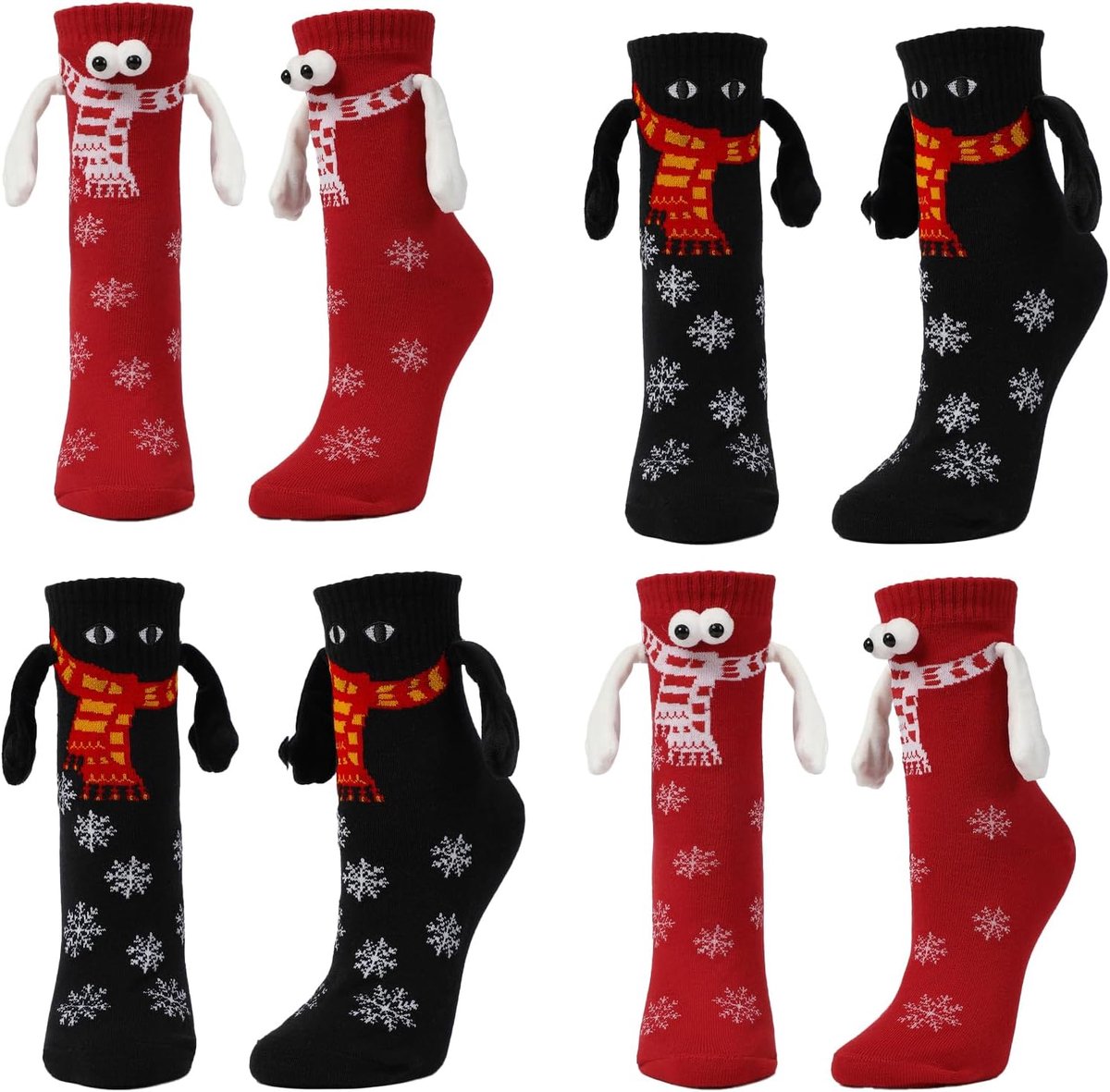 Sokken, 4 paar, 3D-grappige magnetische sokken, hand-in-hand-vriendschapssokken, grappige cadeaus voor mannen, vrouwen, verliefden en vrienden (rood en zwart)