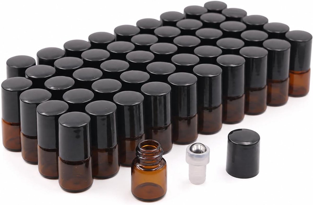 Roll on fles 1 ml voor etherische olie, 50x bruine glazen flesjes met roestvrijstalen roller, lekvrij navulbaar voor parfum DIY monsters reizen compact formaat