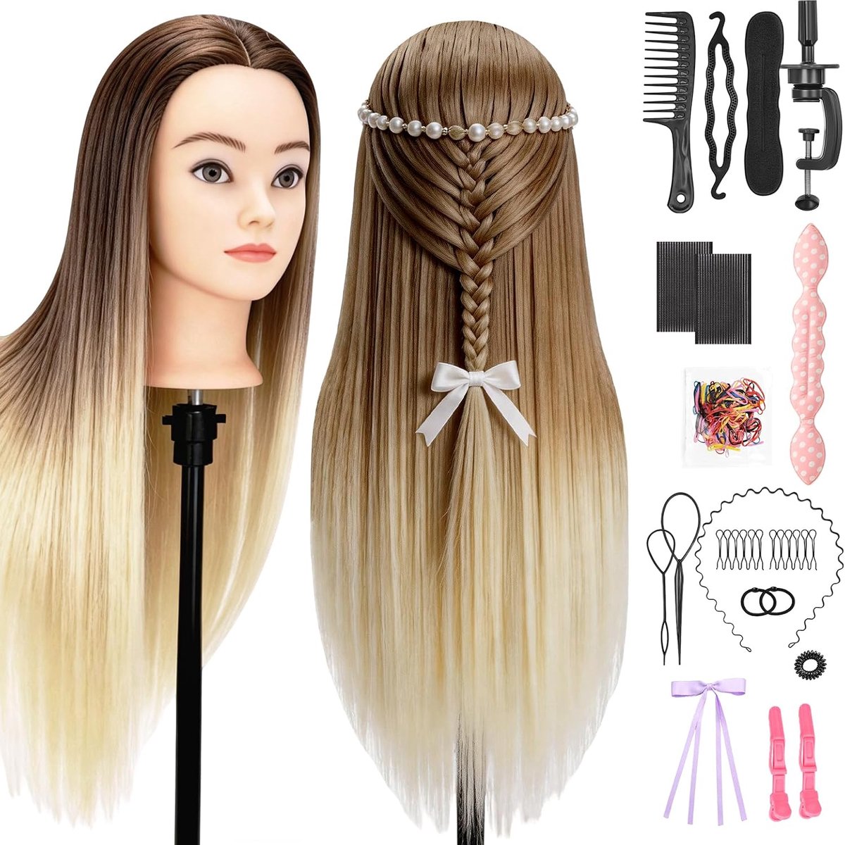 Oefenhoofd Kappers 28-29 Inch Synthetisch Haar, Kappershoofd Mannequin Hoofd met Klem, Oefenpop voor Vlechten, Knippen en Styling, Cosmetologie Trainingshoofd met Accessoires