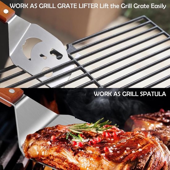 Grillspatel met vlammendesign, 42 cm roestvrijstalen spatel, houten handvat, multifunctionele grillspatel met flesopener — afbeelding 2