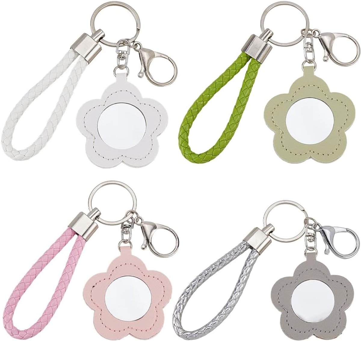 1 doos met 8 mini-sleutelhangers, spiegel, make-up, bloemen, roze en wit, van leer, voor reizen, cosmeticatas voor tas, feest, bruiloft, knutselen, handtassen, dames, volwassenen