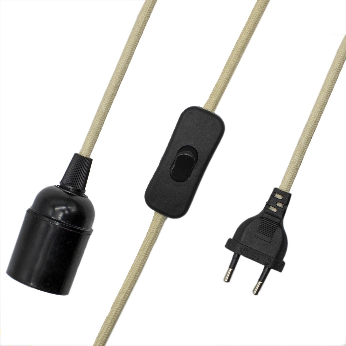 Lamphouder met schakelaar, lampadapter, fitting voor E27-gloeilamp, stekker + aan/uit-schakelaar, kabel 1,50 m, vintage design, gevlochten kabel, beige