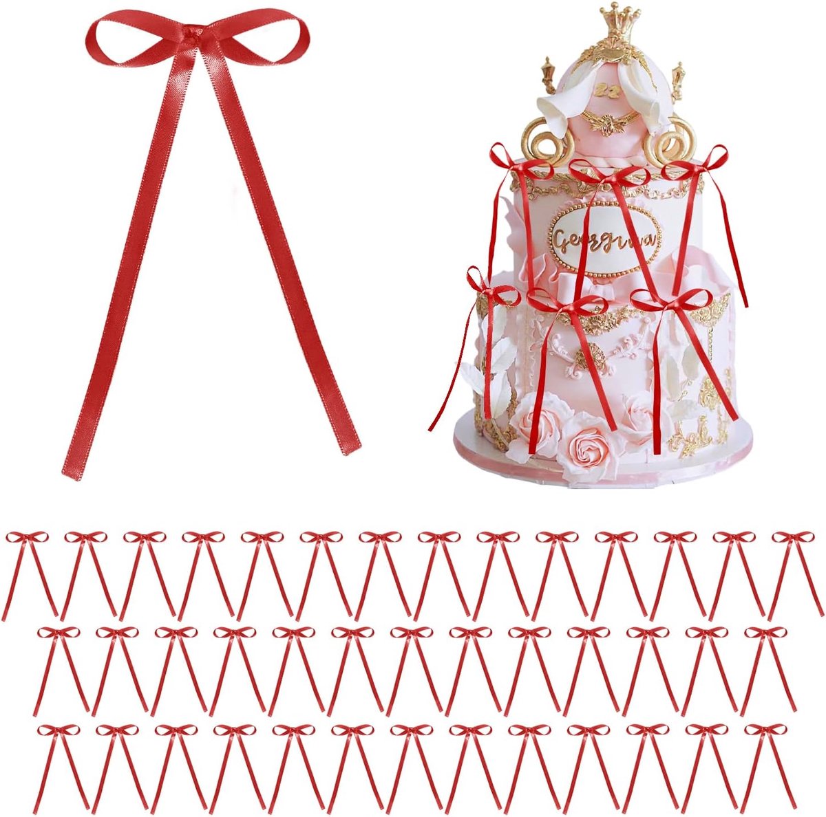 40 stuks taartlint, taartstrikken voor taartlint, strikken, taarttoppers, strik, taartdecoraties, strik, strik, linten, taartdecoratie voor verjaardag, bruiloft, taartdecoratie (Rood)