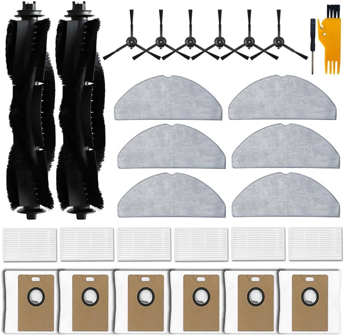 Compatibel met Tapo RV30 Max Plus / RV30 Max / RV20 Max / RV20 Max Plus robotstofzuiger, 28-delig met 2 x hoofdborstels, 6 x filters, 6 x reinigingsdoekjes, 6 x stofzakken, 6 x