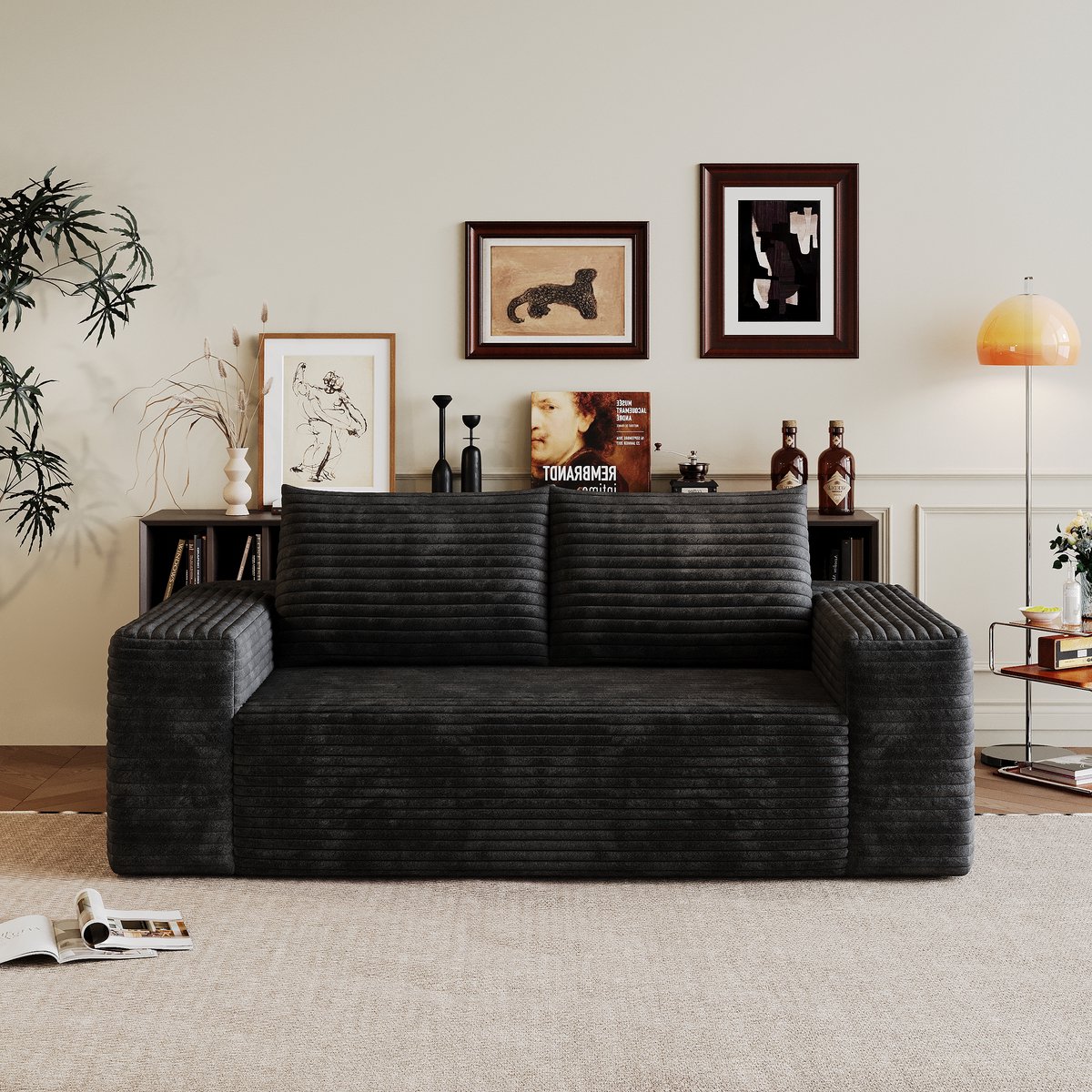 Corduroy Compressiesofa 180 cm – 3-Zits Modulaire Loveseat Bank – Diepe Zit, Geen Montage, Zachte Zitting – Woonkamer, Slaapkamer – Zwart
