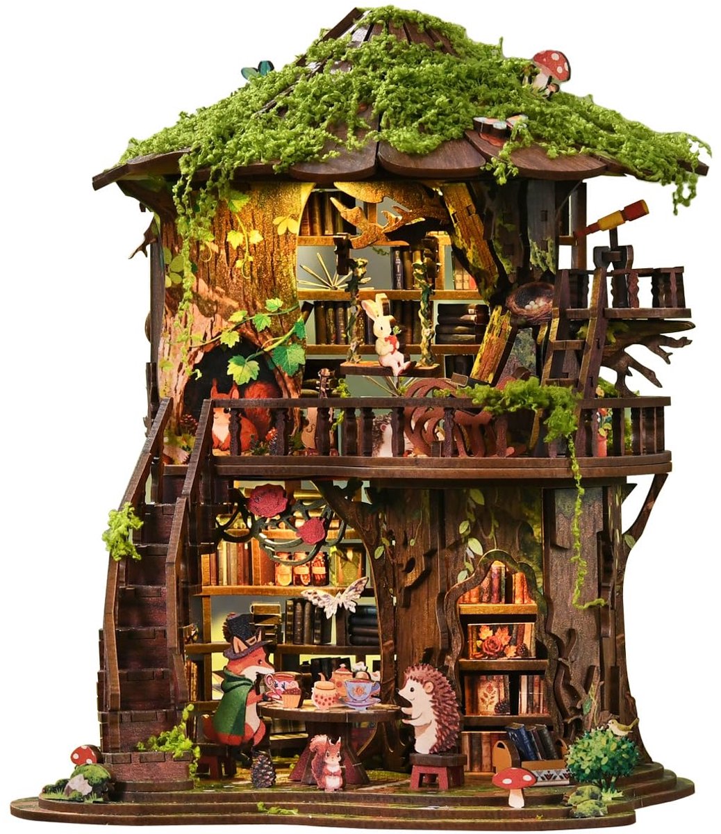 Namajunas - DIY Mini Huis Boomhut Boekentuin - 3D puzzel - 18x21x15cm - LED Touchlamp - Modelbouwpakket - Bouwpakket - Knutselen -Book Nook - Woondecoratie - Boekenkast Decoratie - Cadeau voor Volwassenen 14+ - Batterij niet inbegrepen - Hobby
