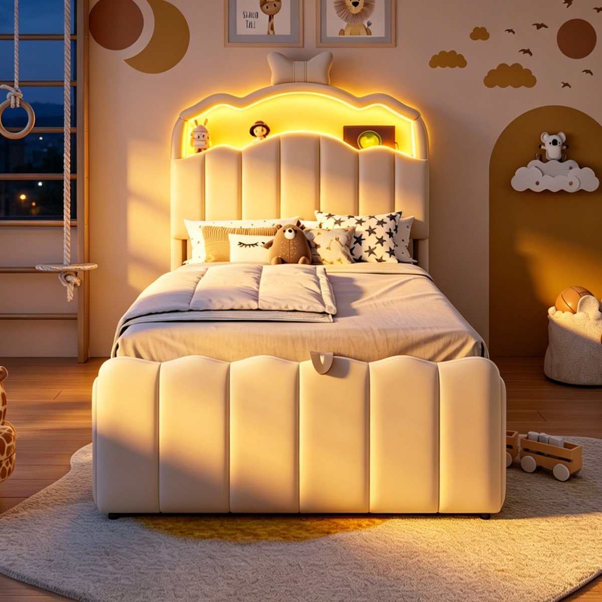 VVBV Kinderbed 90x200 cm - Hydraulische Opbergruimte, USB-Aansluiting, LED-Verlichting, Gestoffeerd Hoofdbord - Beige, Metaal