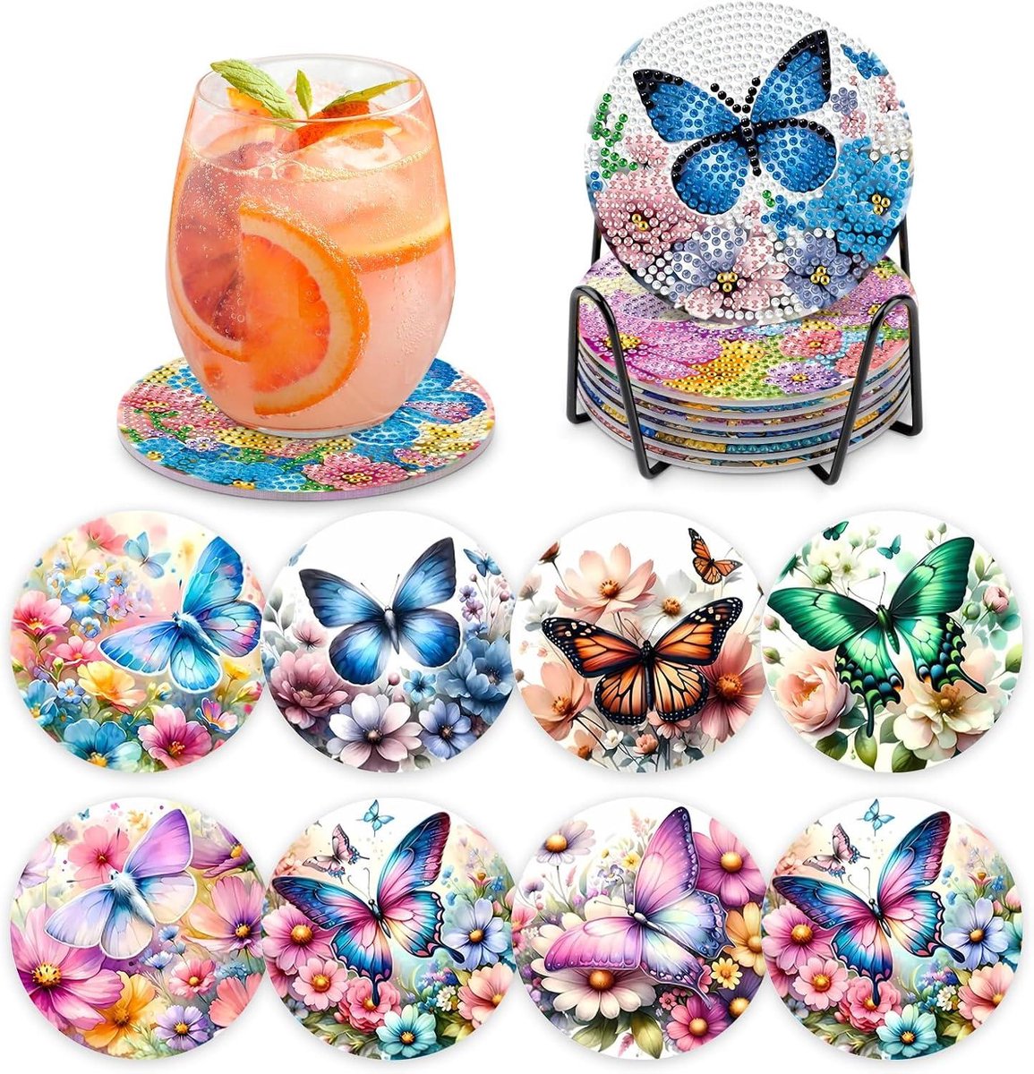 YYchan DIY Diamond Painting Onderzetters Set - 8 Stuks met Houder - Handgemaakt & Hittebestendig - Pakket Volwassenen en Kinderen - Vlinder