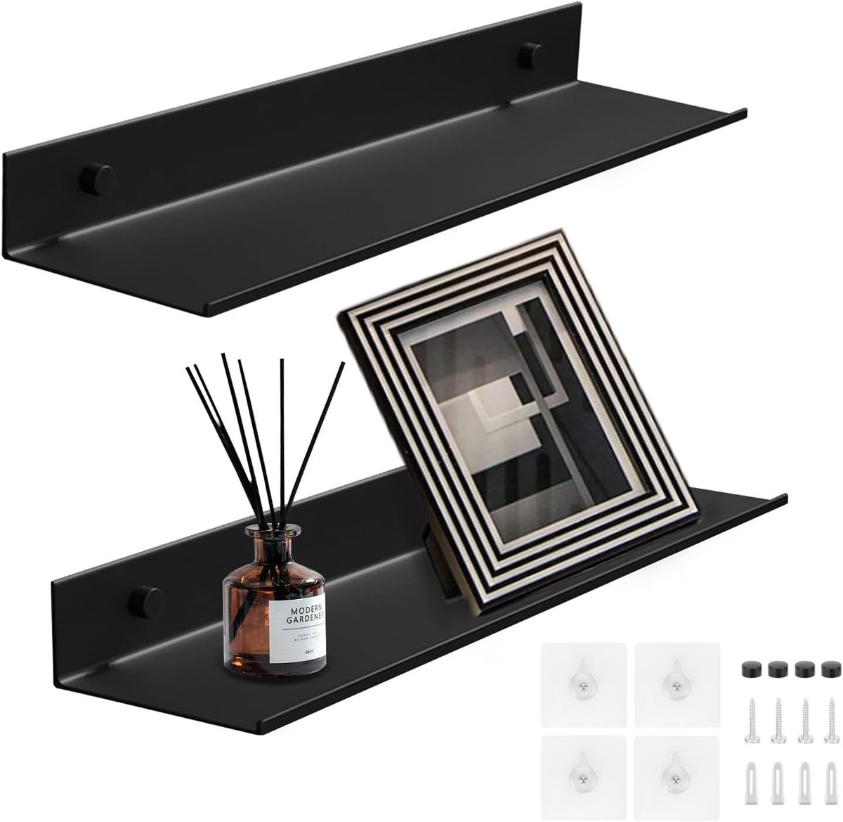 Set van 2 Drijvende Wandplanken zonder Boren, Aluminium Muurplanken voor Decoratie, Foto's en Verzamelobjecten, Ideaal voor Vazen en Trofeeën