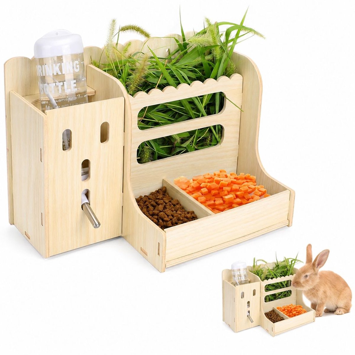 VHV - Hooiruif voor konijnen met waterfles - Houten voerstation 28 x 20 cm - Voor hooi, voer en groente - Voor cavia en chinchilla