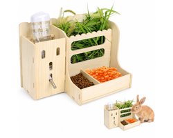 VHV - Hooiruif voor konijnen met waterfles - Houten voerstation 28 x 20 cm - Voor hooi, voer en groente - Voor cavia en chinchilla