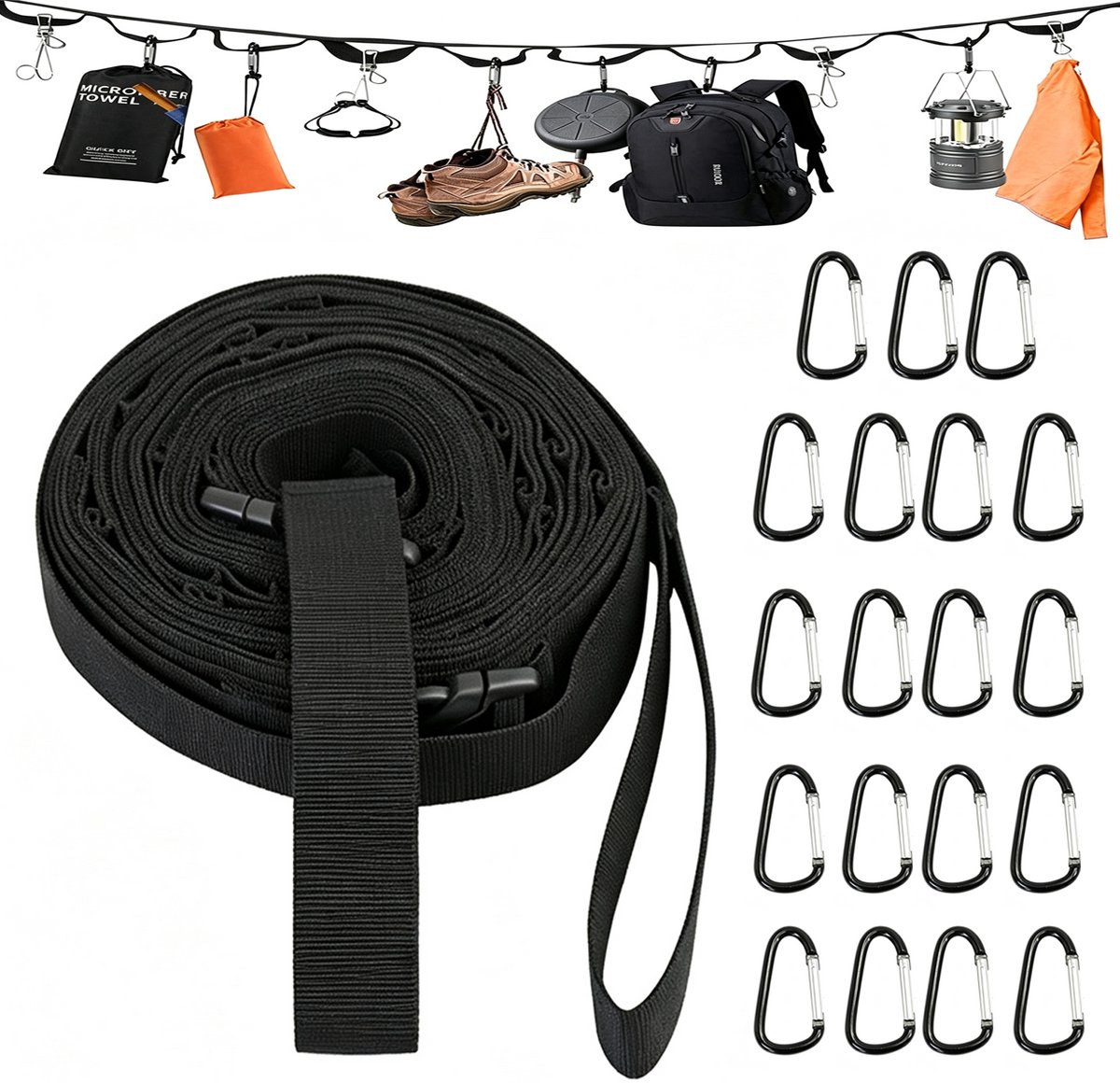 Waslijn - Buitenwaslijn - Campingwaslijn - Tenttouw - Buitentouw - Ophangtouw voor kamperen - 590 cm - Zwart - Met 19 haken - Geschikt voor kamperen en reizen - Lichtgewicht en draagbaar