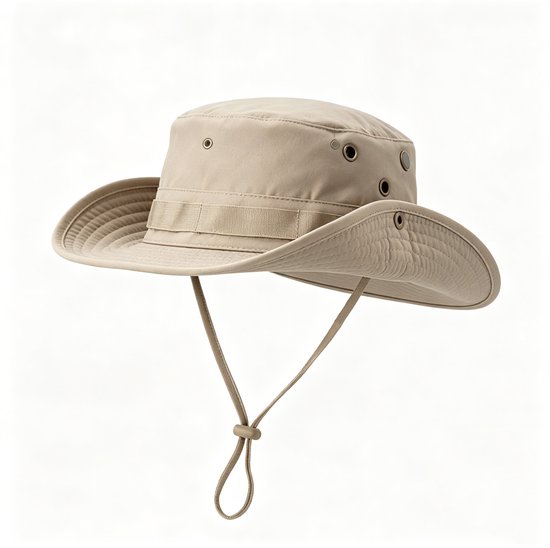 Khaki safarihoed met brede rand, verstelbaar koord en ventilatiegaatjes.