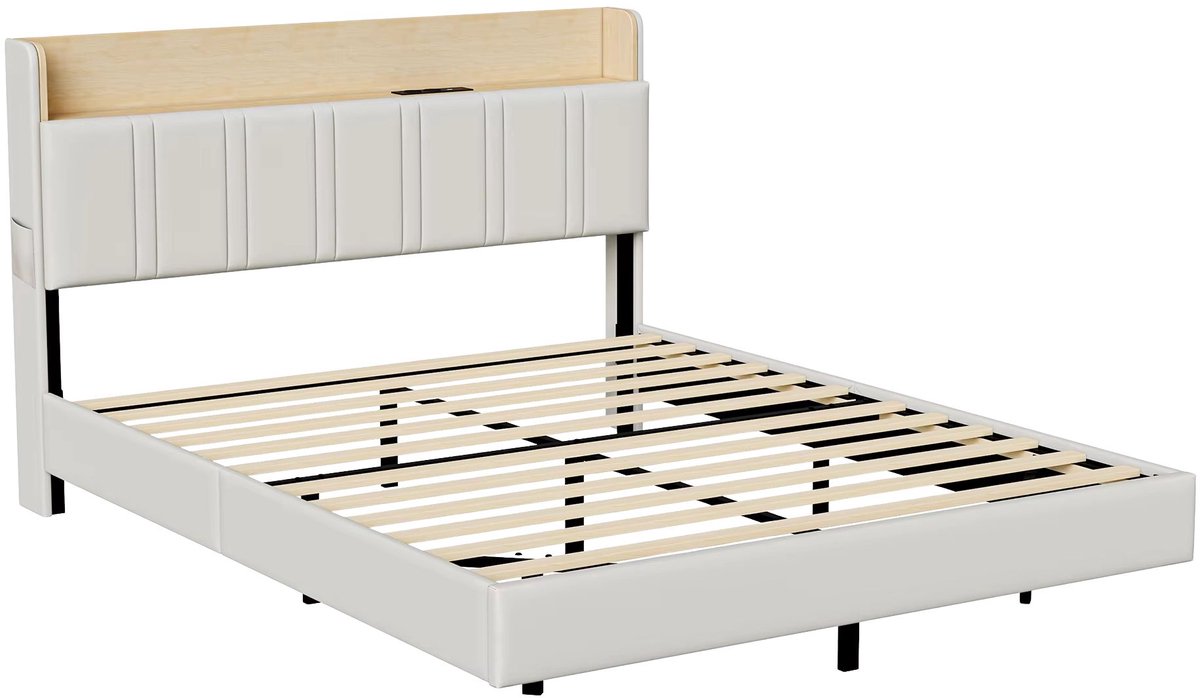 Opbergbed 140x200 cm Wit - met LED Verlichting, Opbergruimte, Oplaadstation