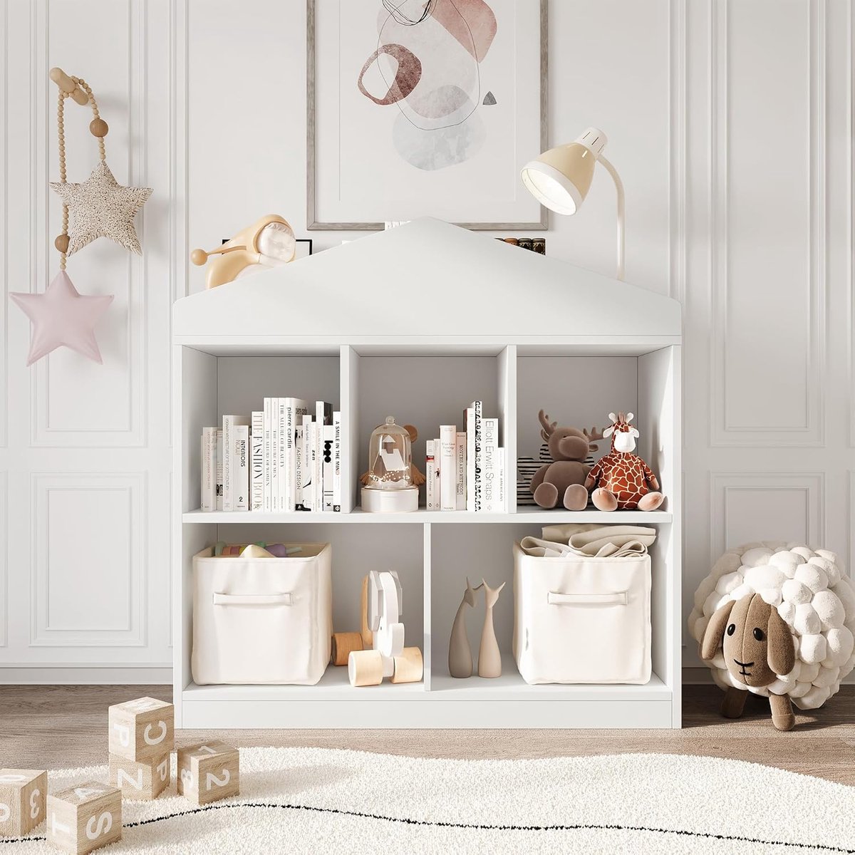 Witte Kinderboekenkast in Huisjesvorm - Speelgoedkast met 5 Opbergvakken - Montessori Opbergrek voor Kinderkamer & Speelkamer - 90 x 90 x 30 cm