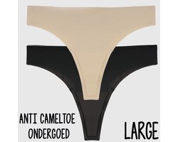 SilverAndCoco - 2 Stuks Zwarte + Nude Anti Cameltoe String / Onderbroek tegen Camel Toe Dames / Naadloze Brazilian Slipje / Naadloos Stretch Ondergoed Vrouw / Strings Dames Lingerie Broekje Slip Black - Zwart + Beige / Large / L