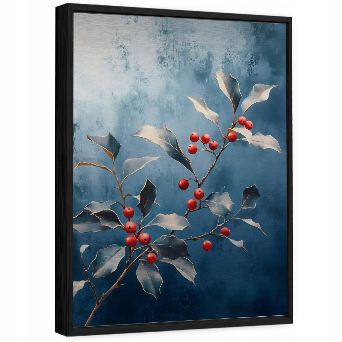 WALLARENA Schilderij op geborsteld aluminium met zwarte lijst 150x100 cm - rode lijsterbessen op betonlook - wanddecoratie voor woonkamer en slaapkamer Blauw