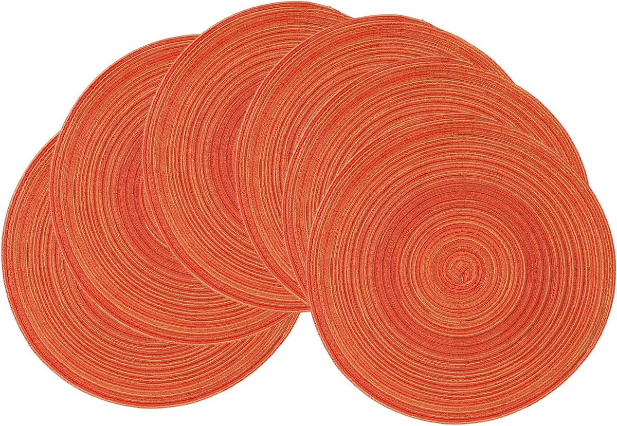 Placemats - Ronde Geweven Placemats - 38 cm - Hittebestendig en Wasbaar - Antislip - Voor Keuken en Eettafel - 6 stuks - Oranje