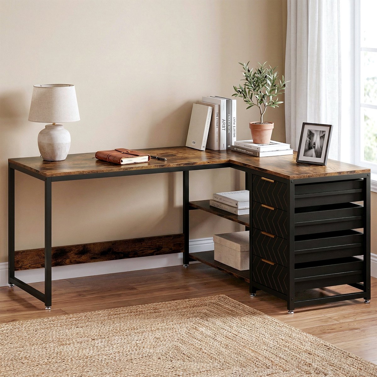 LITTLE TREE Hoekbureau L-Vorm - Omkeerbaar Bureau Met Opbergplanken En Lades - 150 x 110 x 75 cm - Schrijftafel Voor Thuis Kantoor - Eikenkleur