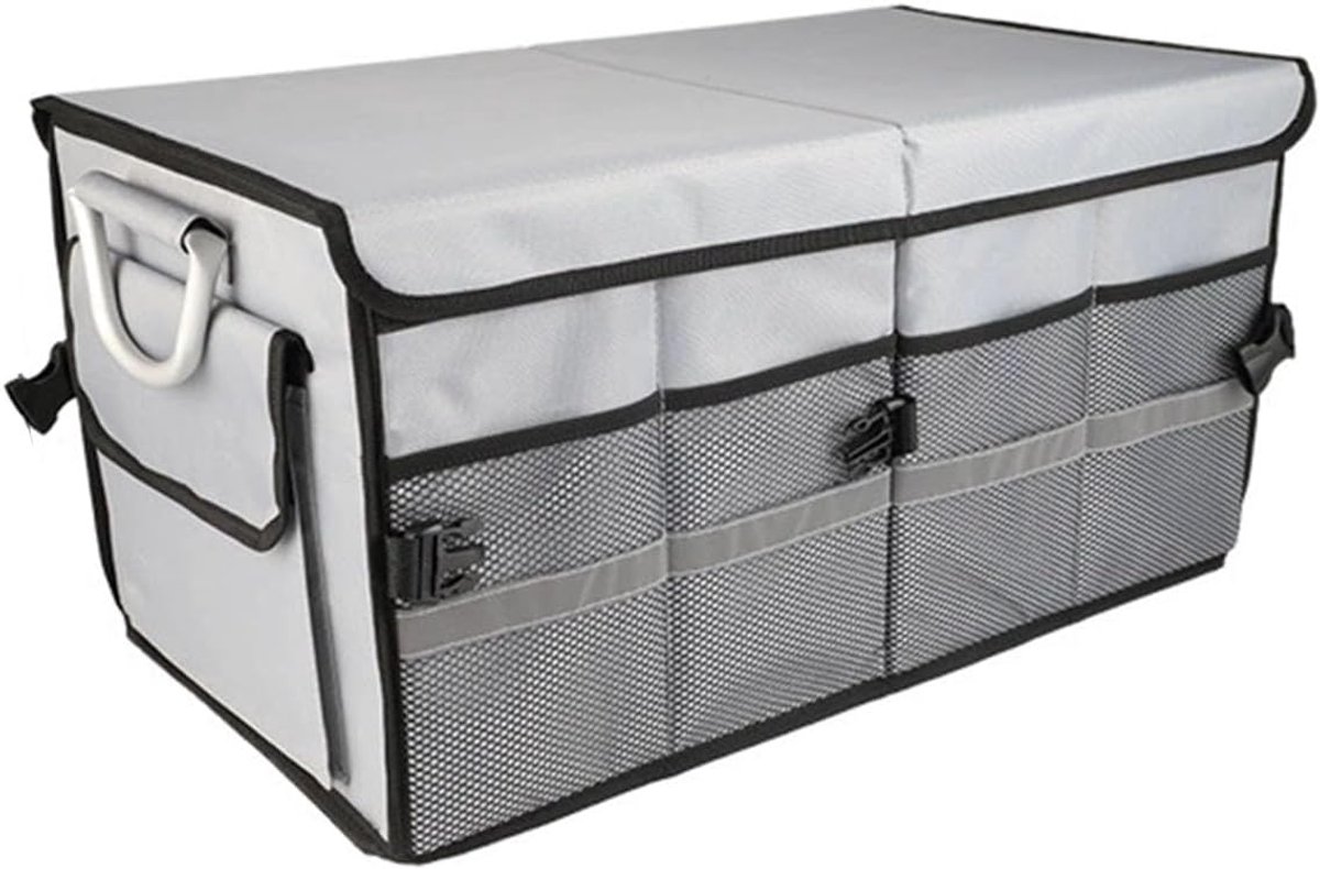 SnelShoppen - Kofferbaktas met Deksel, Waterdichte Auto-Organizer, Antislip, Opvouwbaar met Aluminium Handgrepen en Reflecterende Strepen, 3 Kamers vo