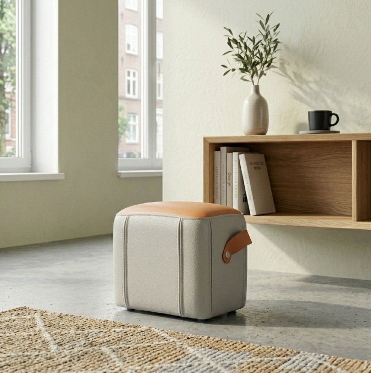 MIVRAY Hocker 31,5 x 24 x 29 cm - Modern Met Draaggreep En Comfortabele Zit - Voor Woonkamer En Slaapkamer - Kunstleer - Grijs