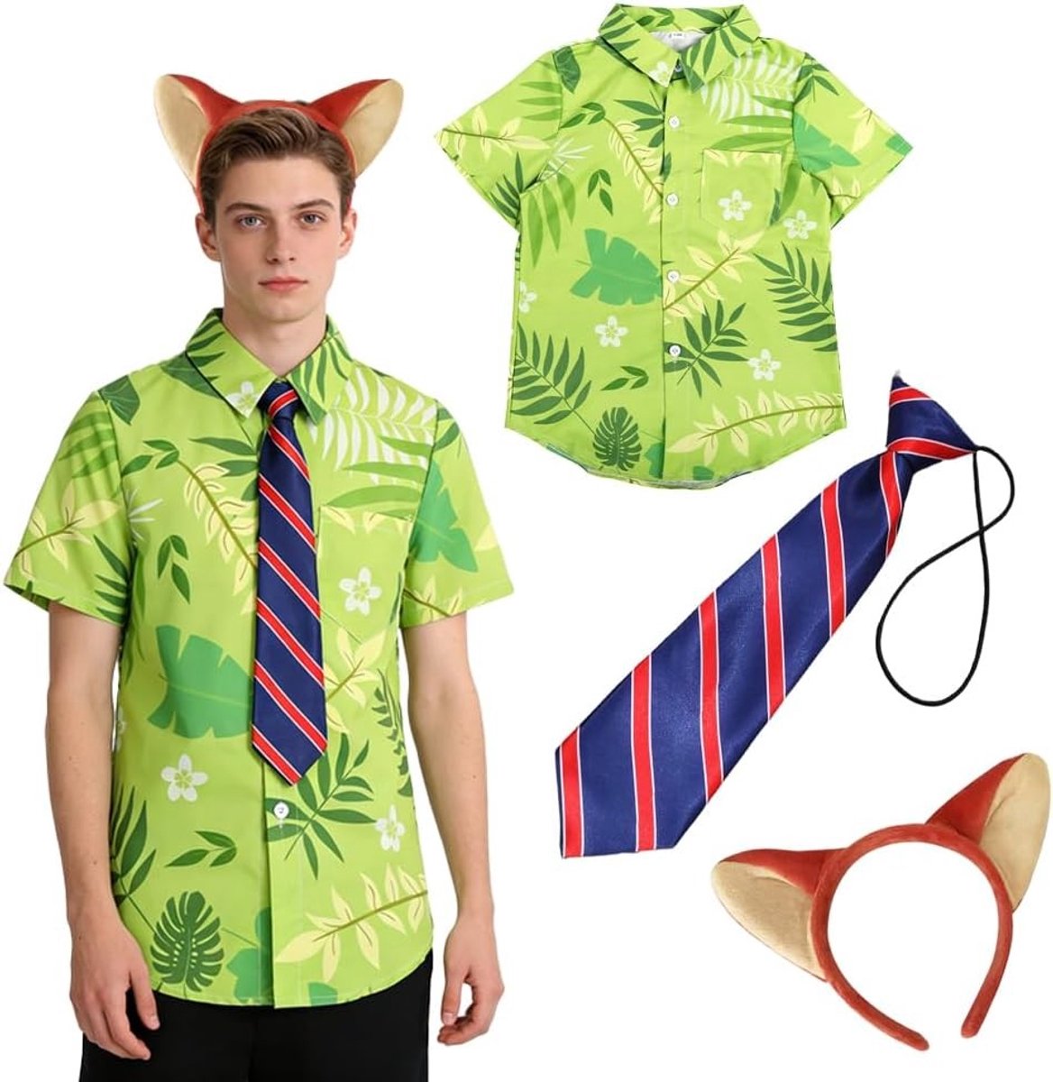 Geprinte Hawaiian Shirt met Nick Haarband en Vos Oren, Gestreepte Stropdas voor Volwassenen - Perfect voor Halloween, Kerst en Carnaval