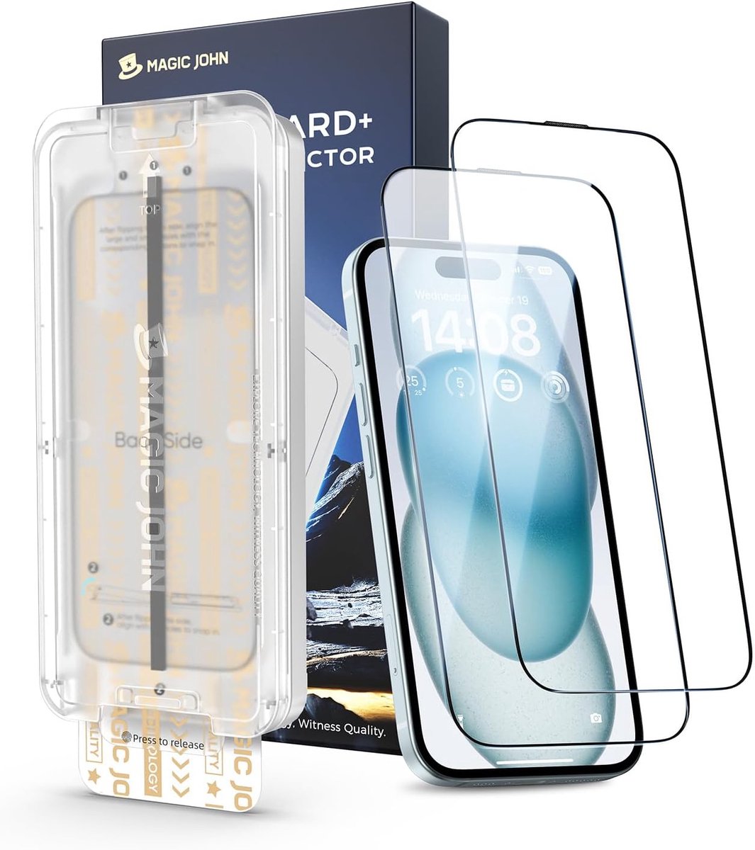 SnelShoppen - Pack van 2 iPhone 15 Screen Protector Film met Schokbestendig Tempered Glass, Automatische Stofverwijdering, Bubbelsvrij en HD Helder, E