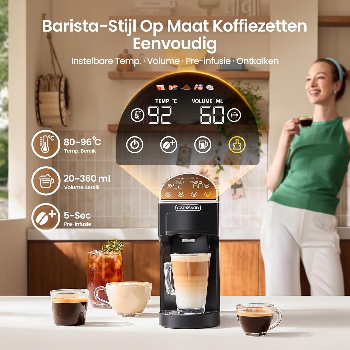 5-in-1 Koffiemachine voor Nespresso Original, Dolce Gusto, Lavazza A Modo Mio, ESE 44mm Pads & Gemalen Koffie, LED Touchscreen, Auto-Aanpassing, 20 Bar, Compact voor Thuis en Kantoor thumbnail 2