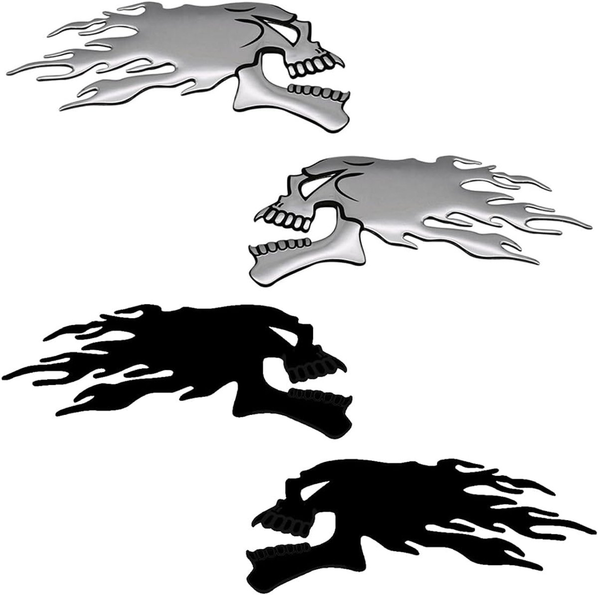 SnelShoppen - 2 Paar Motorfiets Tank Stickers - 3D Universele Skull Sticker Decoratie - Vlam Skulls in Zilver en Zwart - Duurzaam PVC voor Motorrijden