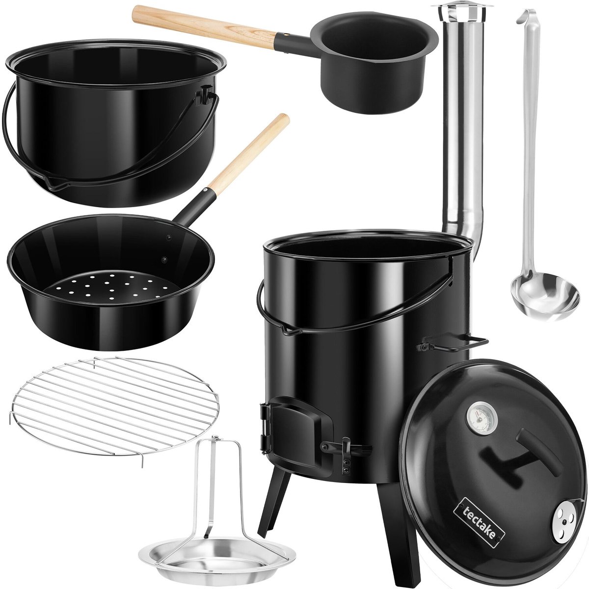 tectake® 5-in-1 Houtskool Oven - 17L - Kookpot - Goulash Ketel met Deksel - Braadpan - Stoofoven - Soepketel - Veldkeuken - Camping - Met Thermometer en Luchttoevoer - Emaillecoating
