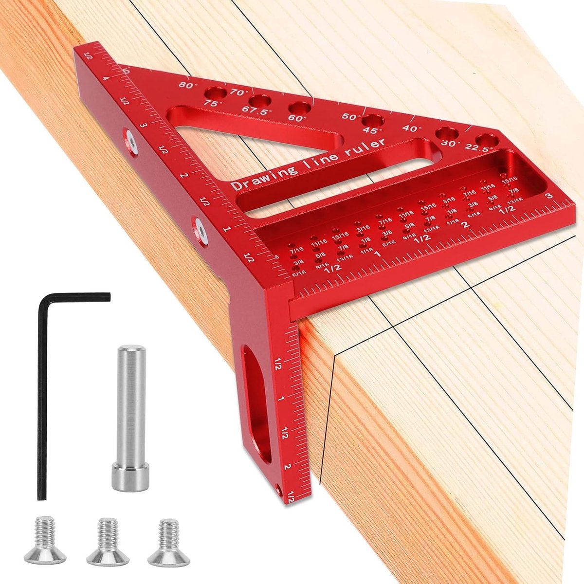 Timmermanshoek - zeer nauwkeurige meetliniaal - rode aluminiumlegering - ideaal voor houtbewerking - ShopVlot