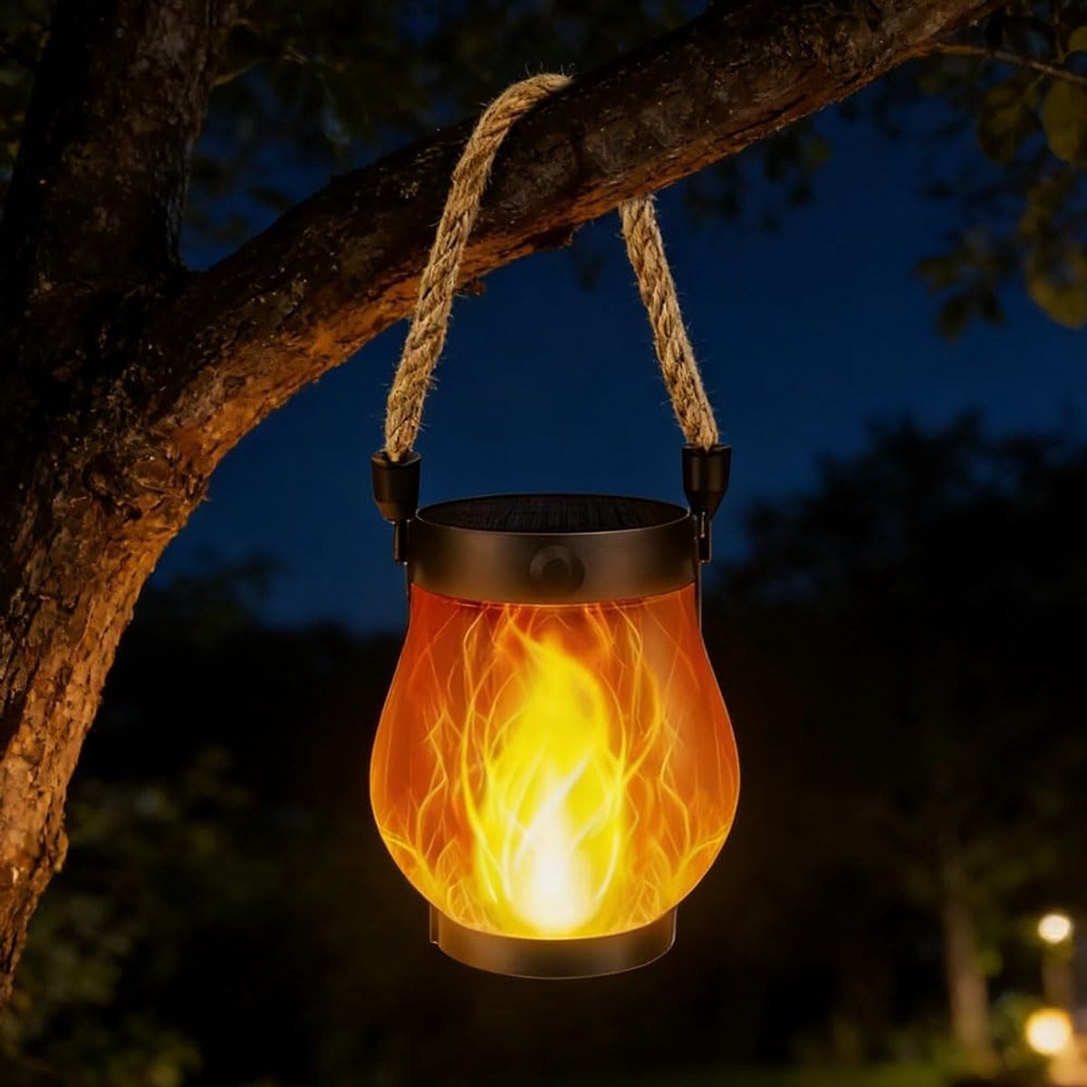 Solarlantaarn voor Buiten - Zwart - Vlamvormige Solar- en USB-oplaadbare Lantaarn - Voor Terras en Veranda