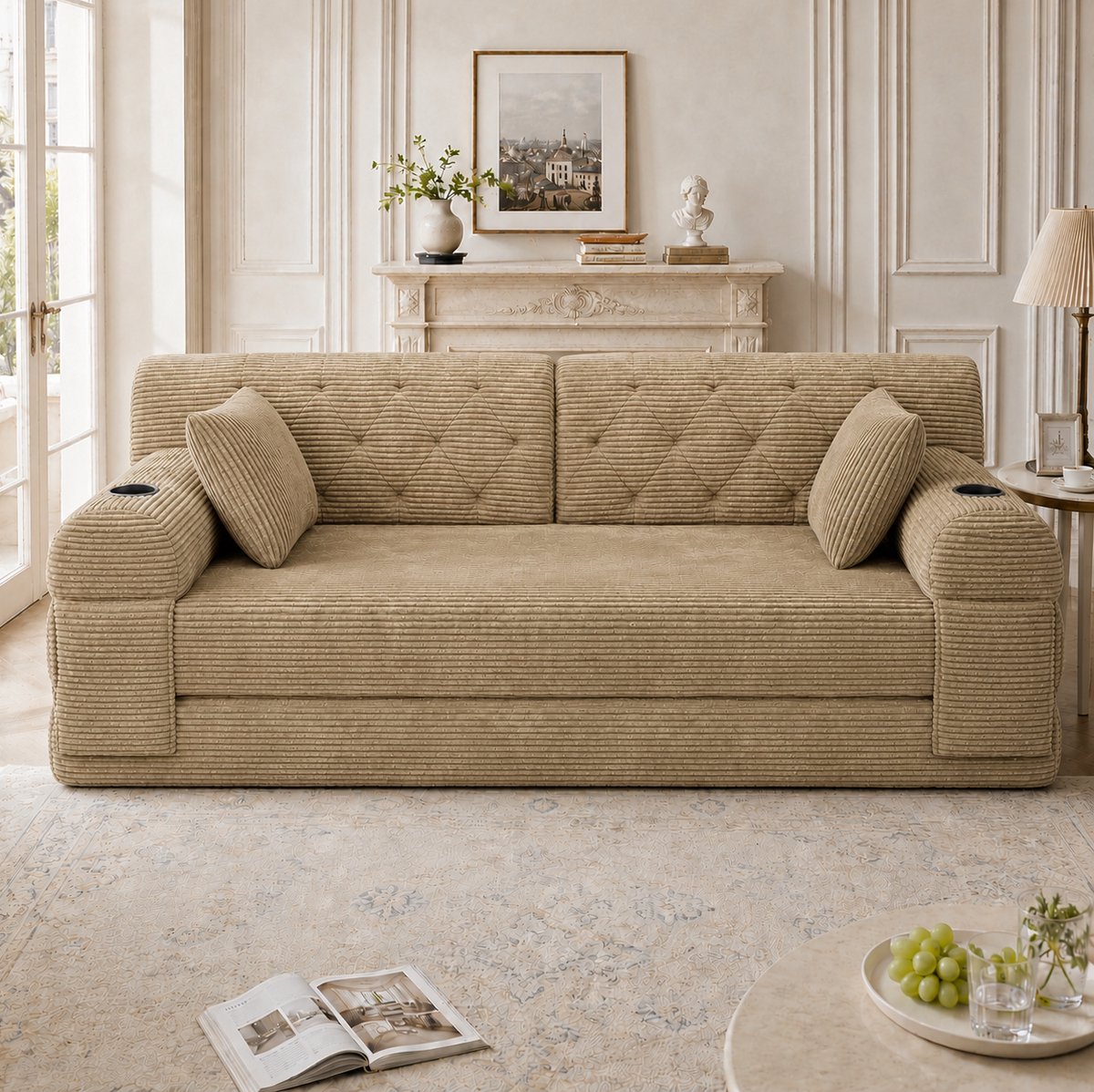 MIVRAY Slaapbank 3-Zits 208 Cm - Hoge Rugleuning Met 2 Bekerhouders En 4 Opbergvakken - Voor Woonkamer En Kleine Ruimtes - Corduroy Khaki