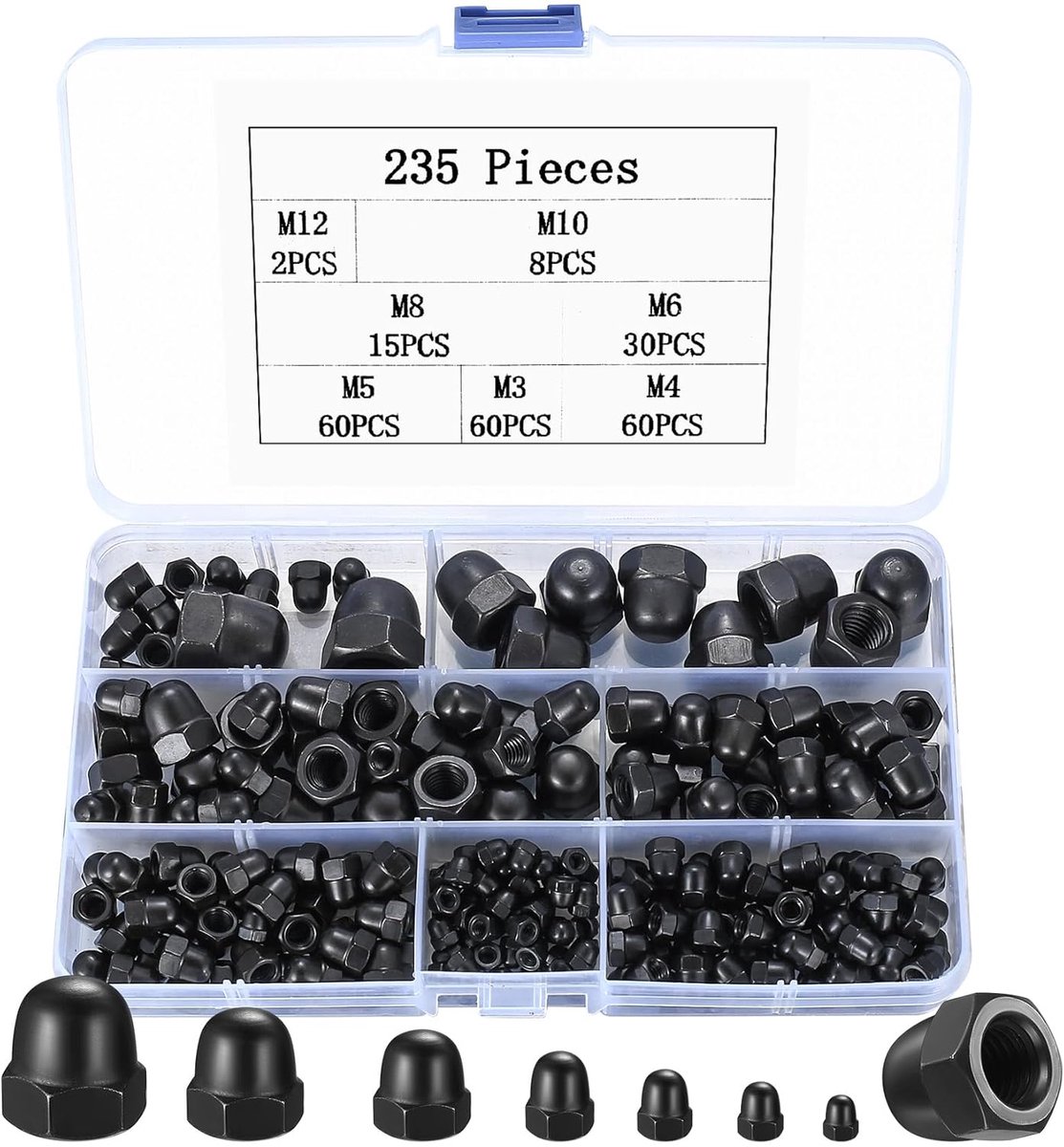 SnelShoppen - 235-delige Carbon Stalen Hex Moeren Set, M3/M4/M5/M6/M8/M10/M12, Hoogwaardige Dôme Moeren, Kappen voor Draadbevestigingen