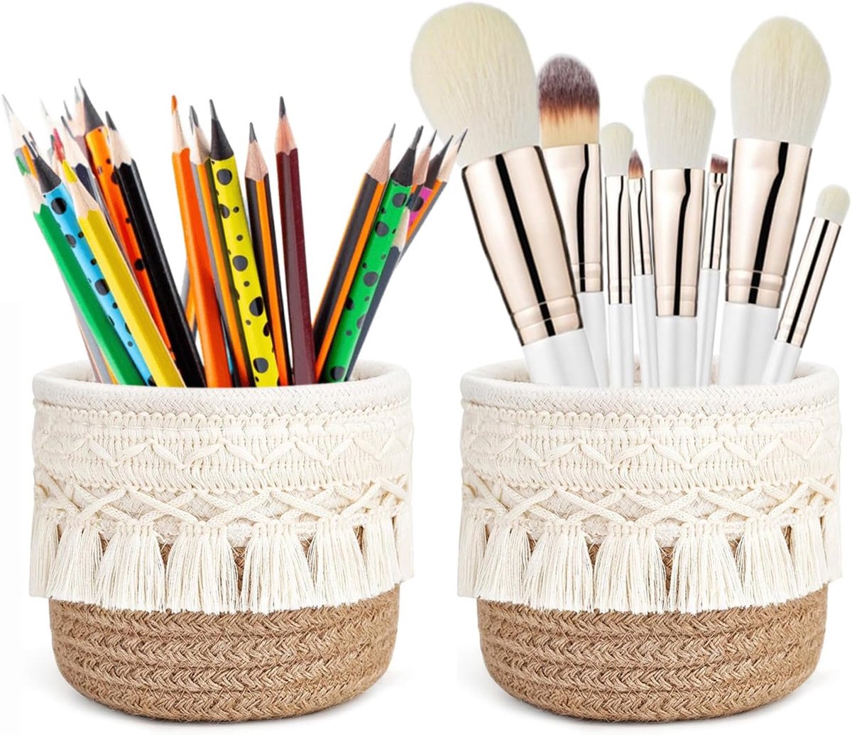Makeup borstelhouder set van 2 - mini gevlochten mand - boho stijl - perfect voor organisatie - ShopVlot