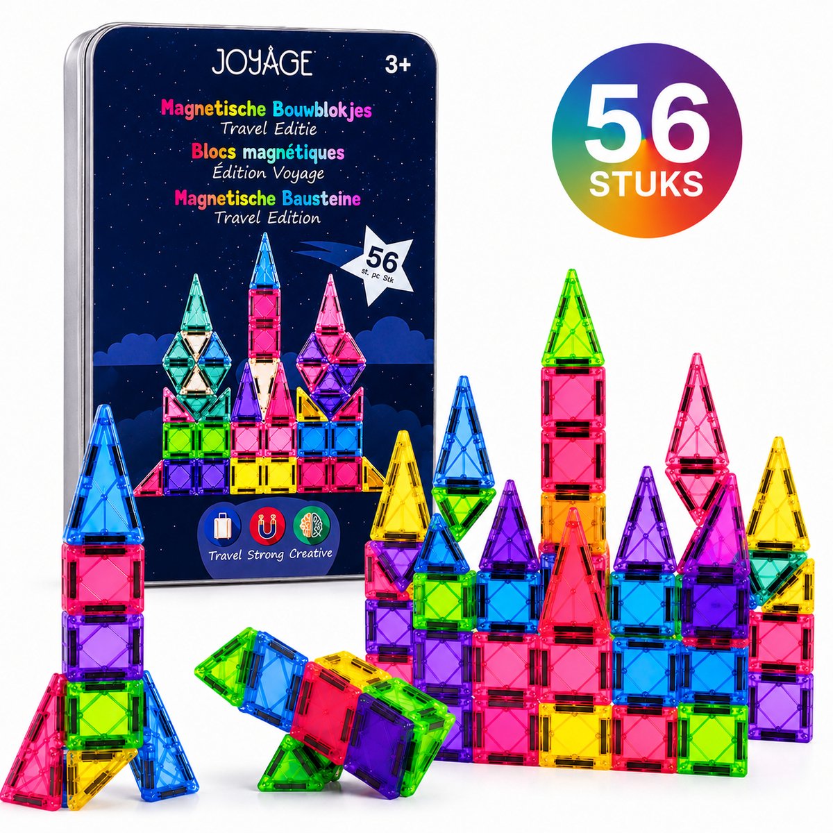 Joyage Mini magnetic tiles Travel set - 56 stuks - Magnetische tegels Reisset - Reisspeelgoed Magnetisch bouwspeelgoed - Magnetisch speelgoed voor onderweg Montessori Speelgoed voor in de auto in het vliegtuig Magna Magneten speelgoed jongens meisjes