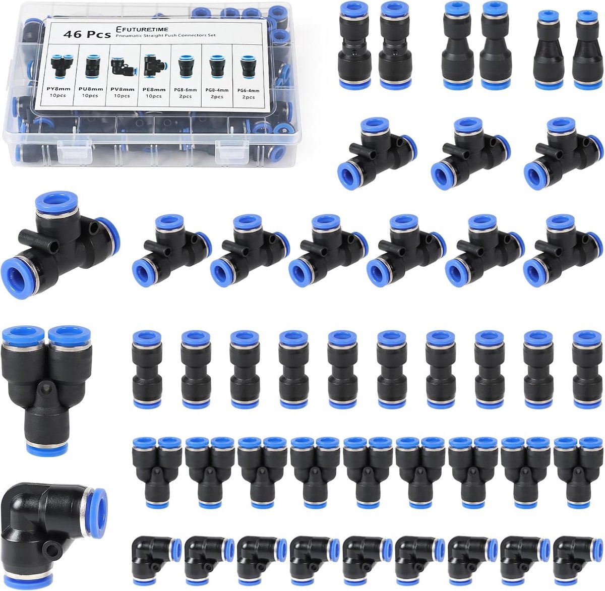 SnelShoppen - Pneumatische stekker set voor 8 mm slang, snelkoppelingen met rechte, hoek, Y, T verbinding en 4-6/4-8/6-8 reducer verbinding (46-delig)