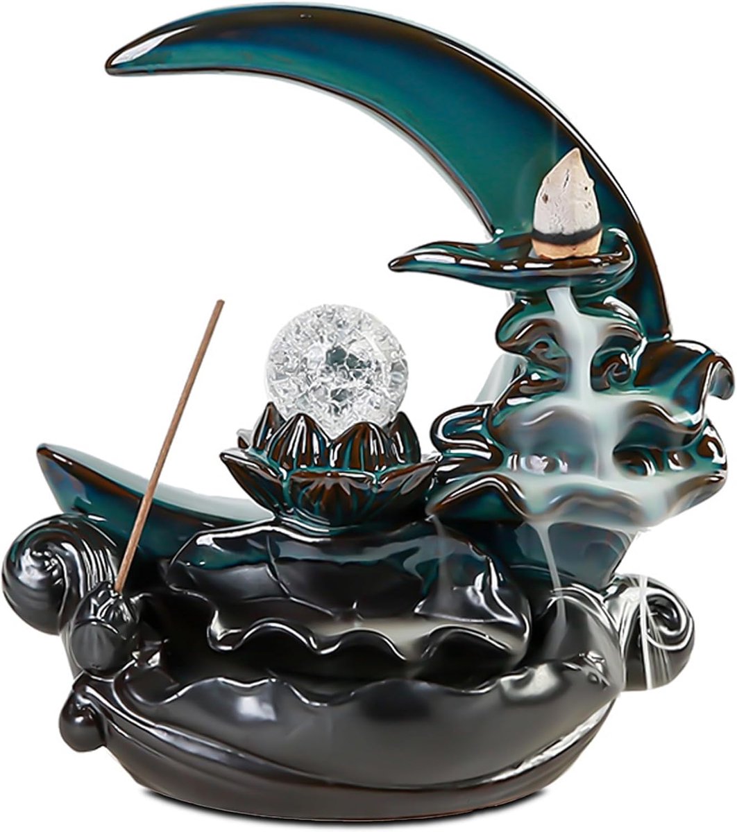 SnelShoppen - ZONSUSE Backflow Waterfall Censer - Lotus Wierookhouder met Maan Design - Keramische Wierookbrander met Kristallen Bal Decoratie - Perfe