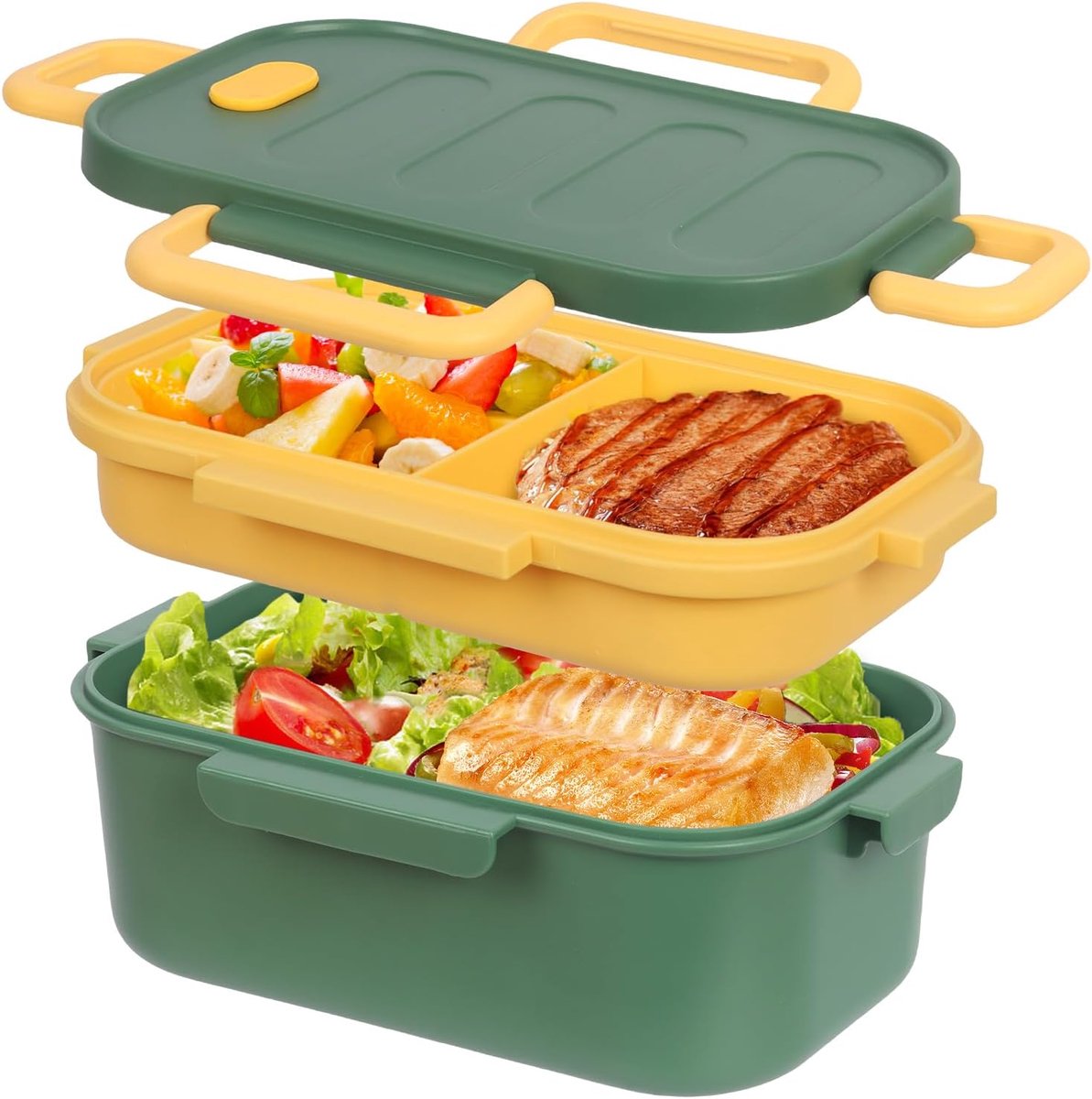 Bento Lunchbox 1800 ml - Lekvrij - 2-Laags Broodtrommel met Vakken - Grote Lunchbox voor Volwassenen - Werk, School en Picknick - Groen