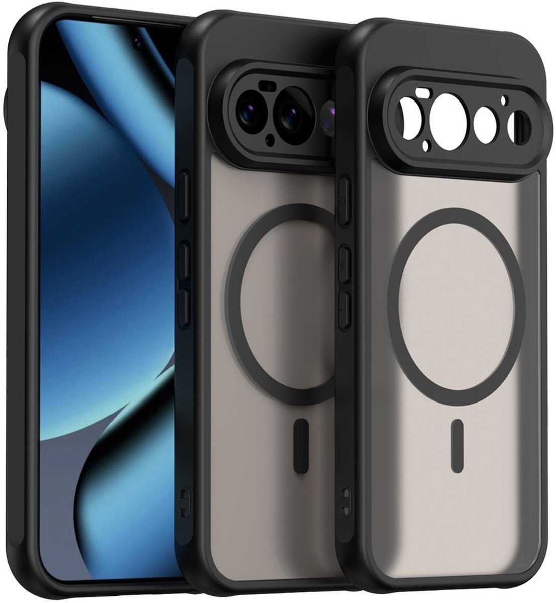 MobyDefend Hoesje - Geschikt voor Google Pixel 11 Pro - Case Geschikt voor MagSafe - Mat Transparant Met Gekleurde Rand - Zwart