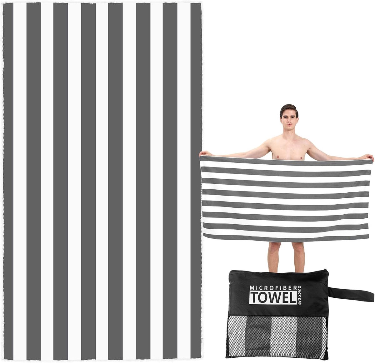 SnelShoppen - Grote Sneldrogende Microvezel Strandhanddoek 63x90cm, Dubbelzijdig Grijs en Wit Gestreept Lichtgewicht Reis Handdoek met Draagtas, Compa