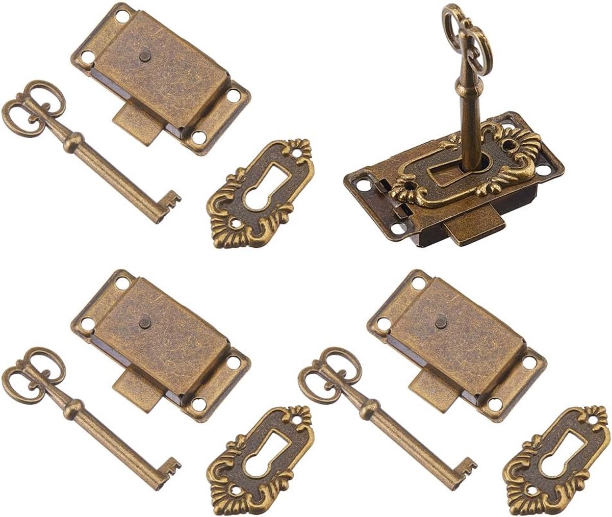 SnelShoppen - 3 Sets Vintage Kast Slot Set 1.02x2.09 Inch/26x53mm Kleine Decoratieve Skelet Sleutel Slot Legering Oude Sloten Vervanging voor Kist Bur