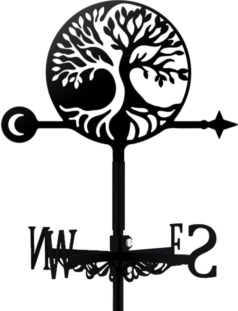 SnelShoppen - Zwarte Metalen Windwijzer - Tree of Life Design voor Tuin, Patio en Boerderij - Duurzaam en Decoratief - Windmeetinstrument voor Buiten