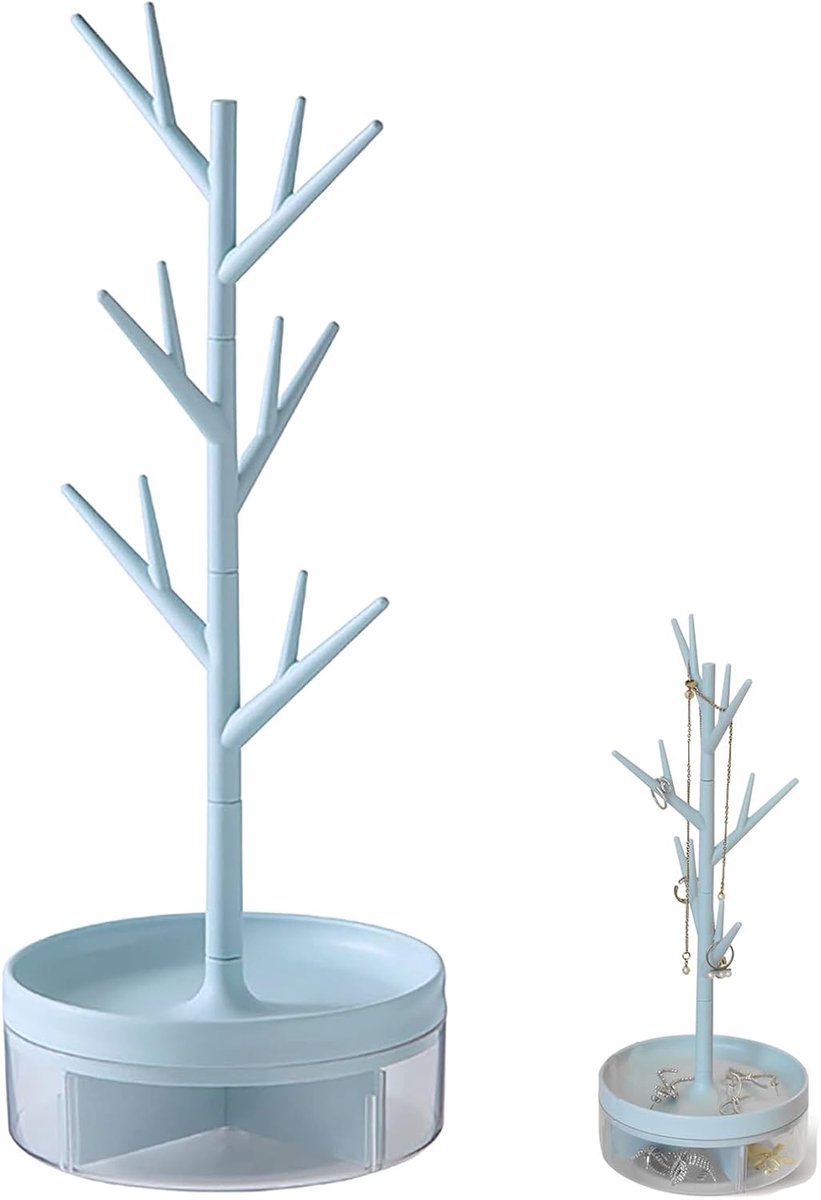 SnelShoppen - Opbergdoos Boom Toren Hangende Sieradenstandaard Blauw met Draaischijf en Opbergdoos voor Sieraden, Oorbellen en Kettingen voor Dressoir