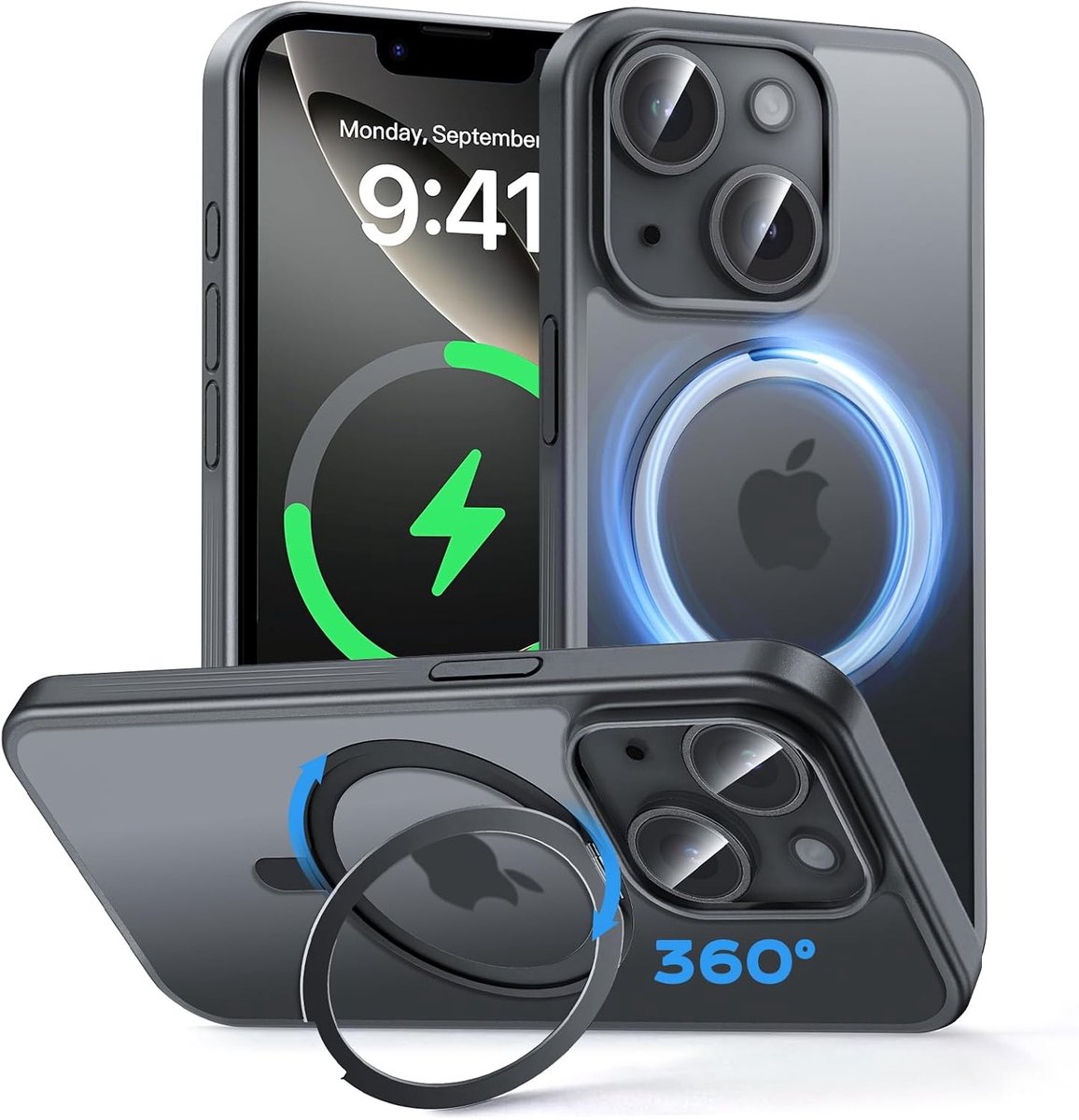 SnelShoppen - All-In-One Telefoonhoes voor iPhone 14/13, Zwart, 360° Draaiflexibiliteit, Versterkt Vliegtuigaluminium, Innovatieve Standaard, Voor Thu