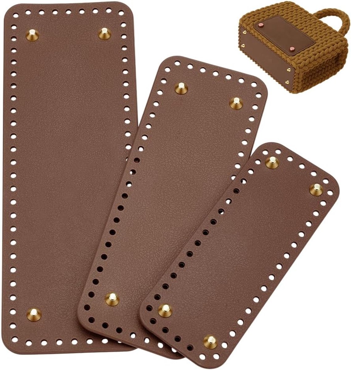 SnelShoppen - 3 Stuks Haak Handtas Bodem Faux Leer Tasbodem Camel Rectangular voor Schoudertassen Maken, 28.2x10cm, 23x8.5cm, 18x7cm