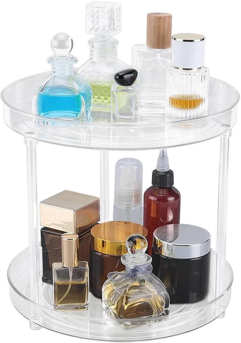 SnelShoppen - 360° Draaiende Parfum Organiser, Cosmetica Opbergdoos, Transparant Acryl, Twee-niveaus, Swivel Plank, Make-up en Huidverzorging Display