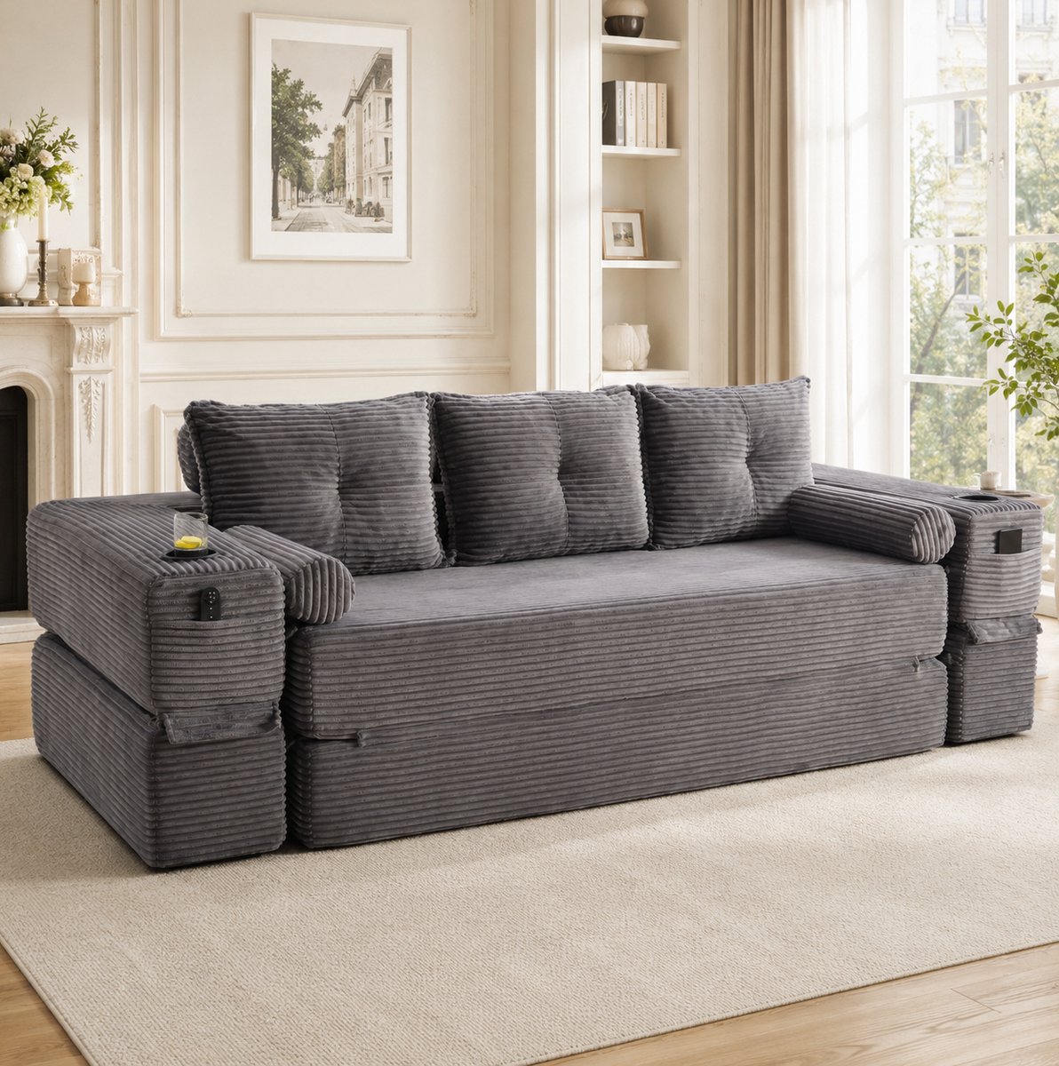 MEUNIQ 3-zits slaapbank 232 x 98 x 80 cm van corduroy, uitklapbare bedbank met bekerhouder, zijvakken, memory-foam rugkussens en afneembare armleuningen, donkergrijs